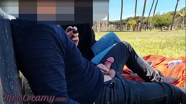 French Teacher Handjob Amateur on public park to student with Cumshot - MissCreamy