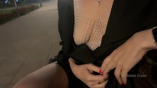 Street pick up of shameless slut. Stranger knead her boobs right in public park.