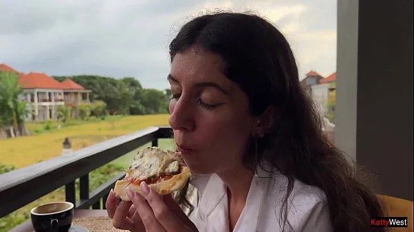 Eating pizza with cum on my face in a public cafe