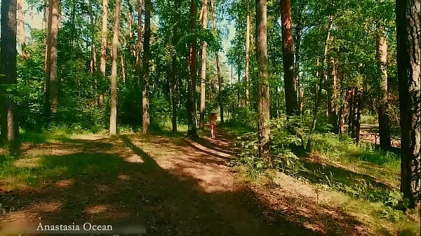 A nudist girl walks in forest near the beach among dressed people. (Emerald Ocean)