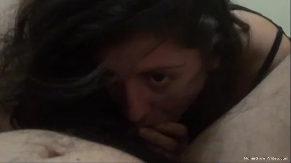 Cute girlfriend sucks cock then has hairy pussy fucked